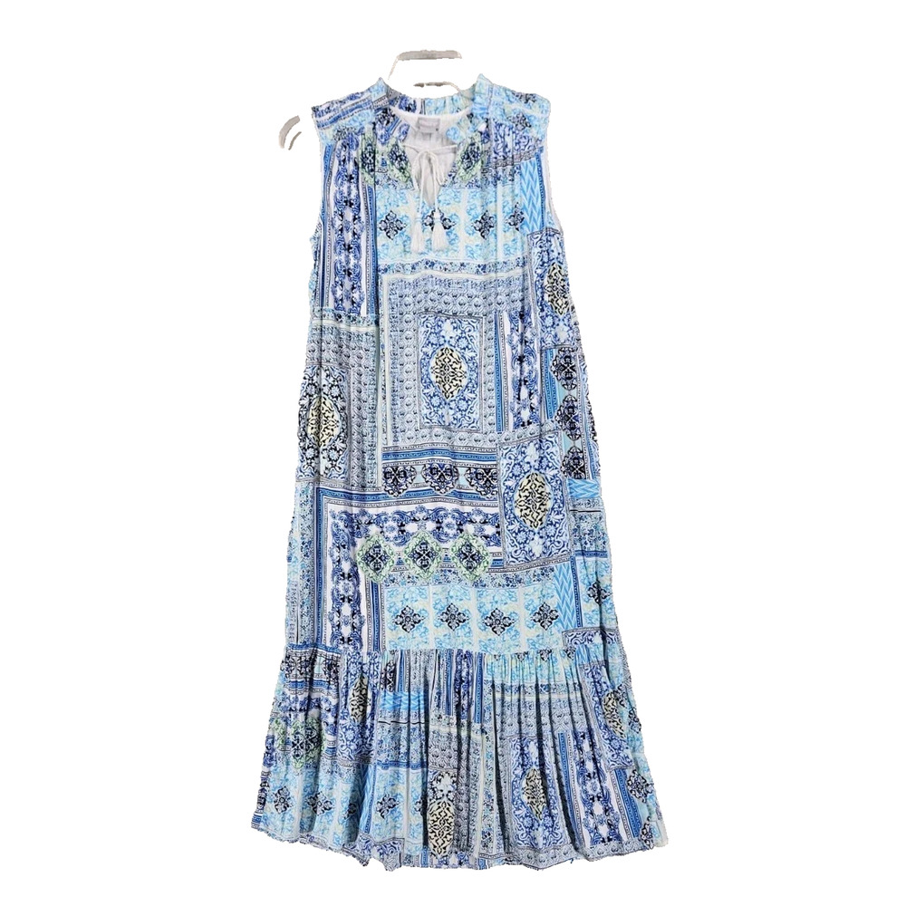 Chico’s Maxi Dress Size 1 Boho Geometric Tile Print Peasant Costal Beach A009018 - Picture 2 of 12